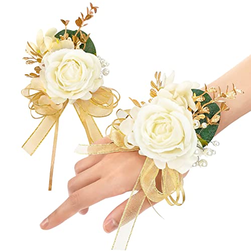 Ayieyill Ivory Rose Wrist Corsage Wristlet Band Bracelet and Boutonniere Set for Men Women Bride Bridesmaid Wedding Prom F...