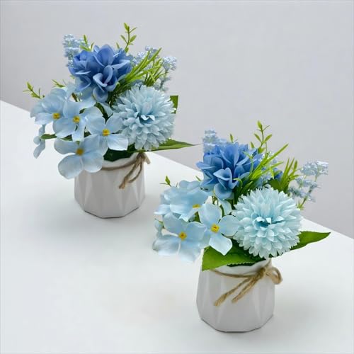 Carfoeny 2 Pcs Blue Hydrangea Artificial Flowers Bathroom Decor Fake Flowers in Small Flower Vases for Centerpieces Floral...
