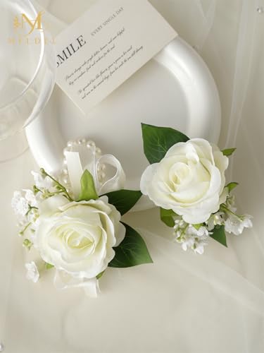 Meldel Wrist Corsage and Boutonniere Set(2pcs), Ivory White Artificial Silk Rose Pearls Bracelets Corsage for Bride, Groom...