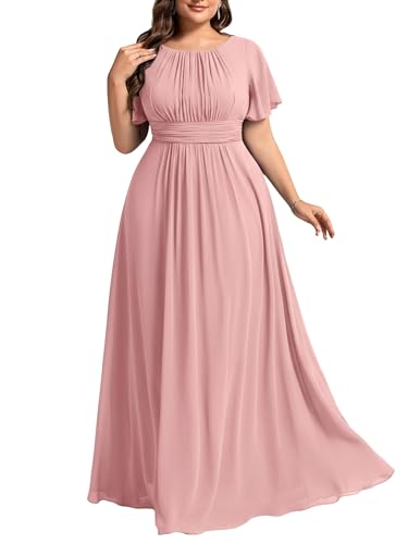 Ever-Pretty Plus Elegant Formal Dresses for Curvy Women Round Neck Short Sleeves Chiffon Bridesmaid Mother of The Bride Dress