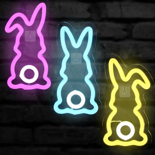 ROCEEI 3 Pcs Easter Neon Signs Bunny Rabbit Egg Neon LED Lights USB Easter Window Lights Wall Window Decor for Party Holid...