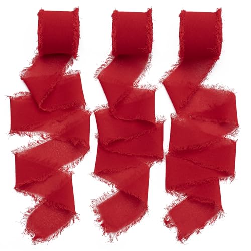 Chiffon Ribbon, 3 Rolls 21 Yards Red Handmade Fringe Chiffon Silk Ribbon 1.5" x 7Yd Ribbons Set for Wedding Invitations,Ch...