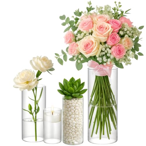 DomeStar 4PCS Glass Cylinder Vases for Centerpieces – 4, 6, 8, 10 Inch Tall Clear Flower Vase Hurricane Floating Candle Ho...