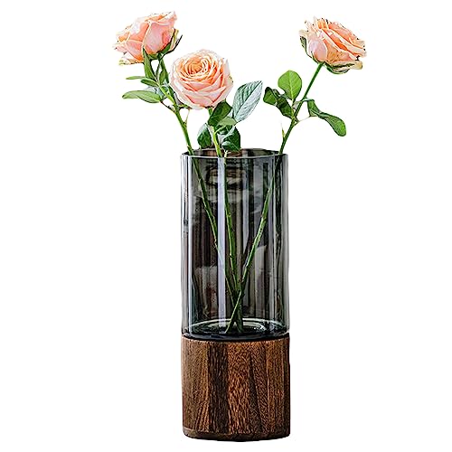 Artistic Wood Glass Vase, 10" H, Wooden Base Cylindrical Flower Vase, Classic Boho Rustic Style for Fireplace Bedroom Kitc...