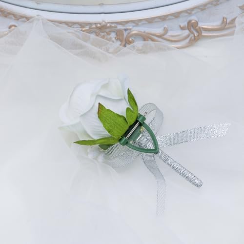Vkkperp White Rose Boutonniere for Men, Set of 2, Groom and Best Man Artificial Boutonnieres, for Wedding Anniversary Cere...