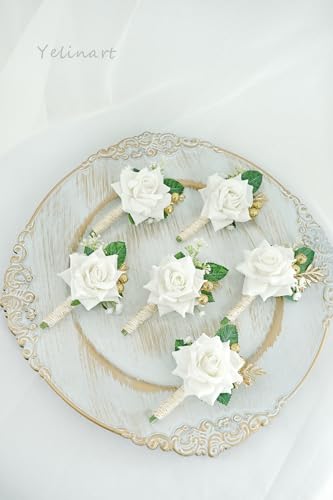 Yelinart 1 pc Ivory Rose Men Boutonniere for Wedding Groom Groomsmen Artificial Flowers Boutonniere for Prom Homecoming