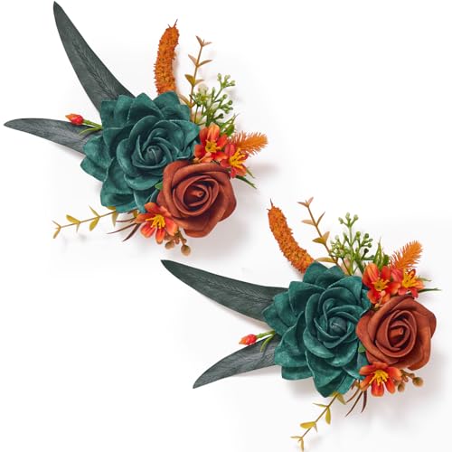 Serwalin 2 Pcs Boutonniere, 6-7 Inch Teal Orange Corsage for Wedding, Boutonniere for Men Groom and Best Man Prom Ceremony...