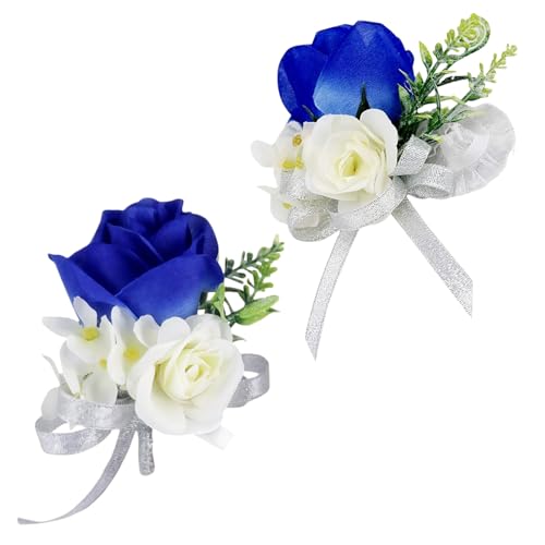 OHEETU Blue and White Artificial Rose Wrist Corsage & Boutonniere Set with Ribbon Wedding Flower Accessories for Bride Bri...