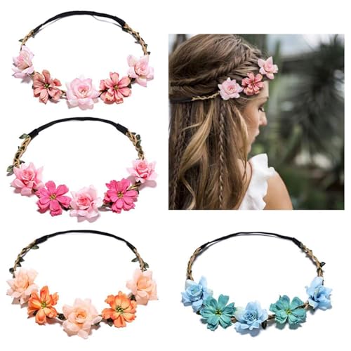HONGCAUP 4 Pack Bohemian Flower Crowns - Adjustable Floral Headbands for Women, Bridesmaids Accessories with Silk Flowers ...