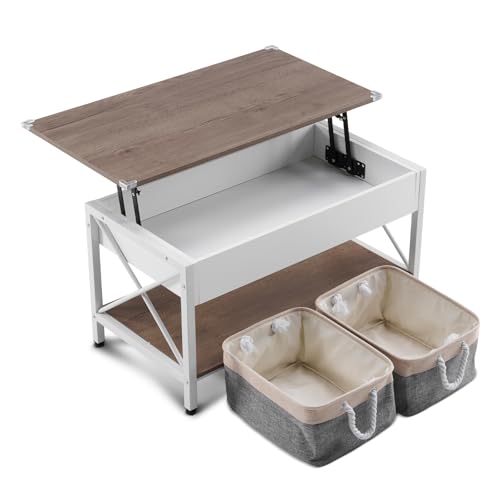 VINGLI 36" Lift Top Coffee Table with Free Cloth Storage Bins, White Walnut Framhouse Coffee Tables for Living Room, Small...