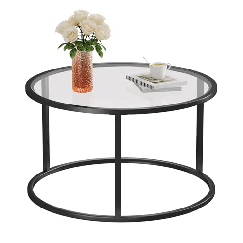 SAYGOER Small Glass Coffee Table Round Coffee Tables 27.6In Modern Tempered Glass-Top Accent Center Table for Living Room ...