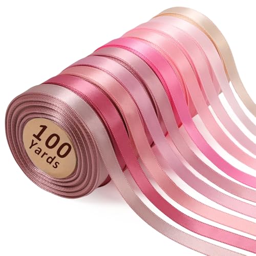 LaRibbons 3/8 Inch 100 Yard Pink Satin Ribbon for Crafts, 10 Yd/Roll 10 Rolls Pink Double Faced Satin Ribbon Pack for Gif...