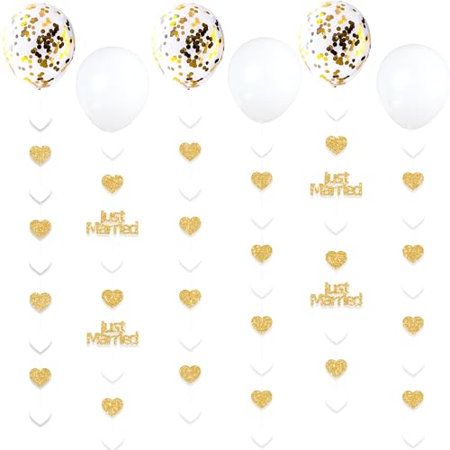Blopee Gold Just Married Wedding Party Decorations Gold/White Heart Just Married Garland and Balloons for Wedding Bridal S...
