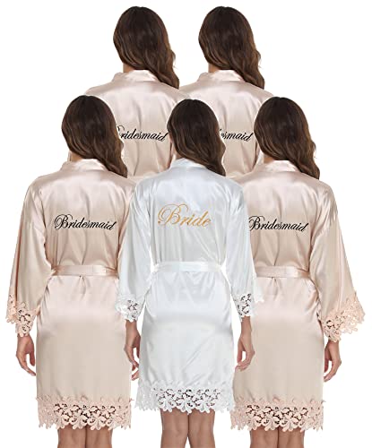 5 Pcs Bridesmaid Kimono Robe Sets Bride Silky Wedding Day Bathrobe with Lace Trim Embroidered Getting Ready