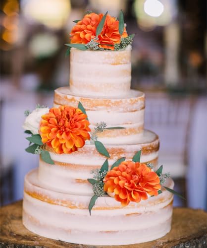 IPOPU 5 Pcs Orange Artificial Dahlia with Stem 27” Silk Dahlia Fake Flower Decor for Tall Vase Living Room Bathroom Weddin...