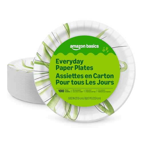 Amazon Basics Everyday Disposable Paper Plates, 8.62 Inch, Microwave-Safe, Cut Resistant, Soak-Proof, 100 Count, Packaging...