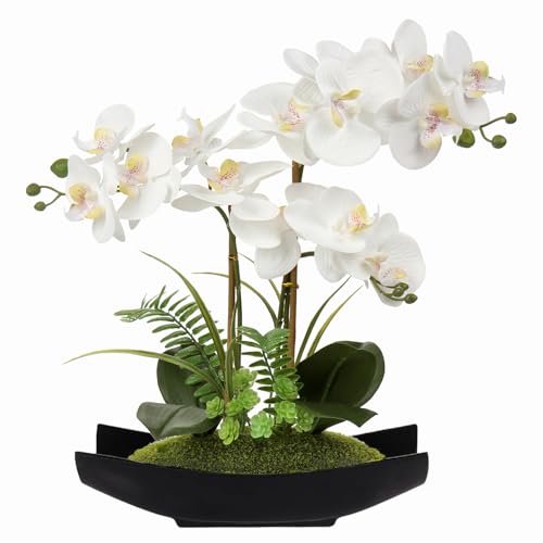 Briful Orchid Artificial Flowers 15in White Fake Orchid Silk Flowers with Black Pot Faux Phalaenopsis Arrangement for Home...
