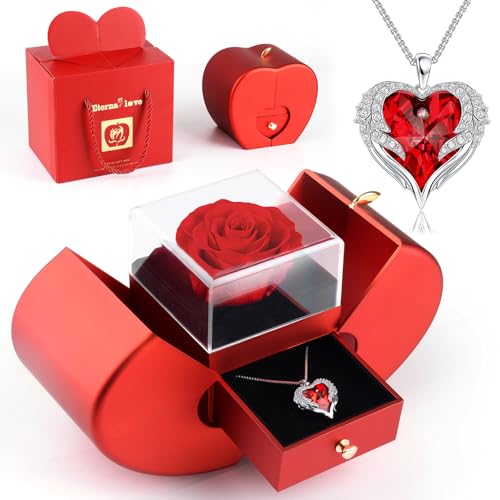 Suturun Preserved Real Rose,Eternal Flower Rose with Heart Necklace,Preserved Flowers Rose Gifts for Women,Girlfriend,Mom,...