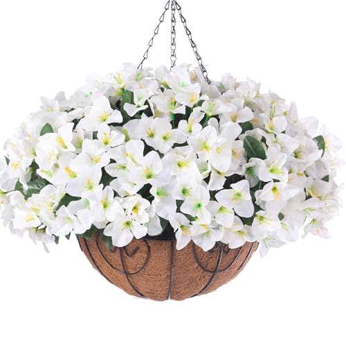 Artificial Hanging Flowers Faux Plants Basket for Outdoors Spring Summer Decor, Fake Silk Bougainvillea in Planter Outdoor...