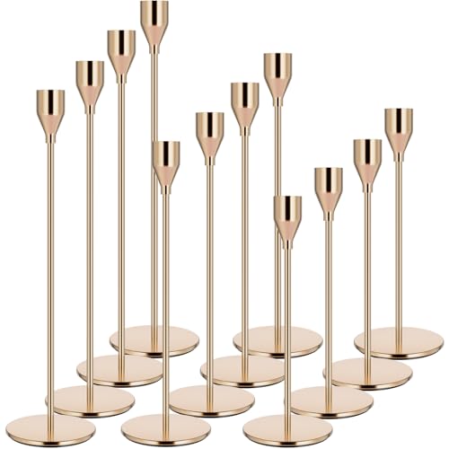 Pink Gold Candle Holders Set of 12 - Candlestick Holders for Taper Candles - Metal Material & Modern Decorative - Fits 3/4...