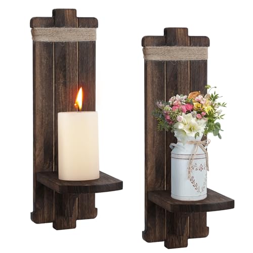 Farmhouse Wall Decor Candle Sconces - 2 Pcs Vintage Rustic Handmade Wooden Wall-Mount Candle Holders for Bedroom Living Ro...