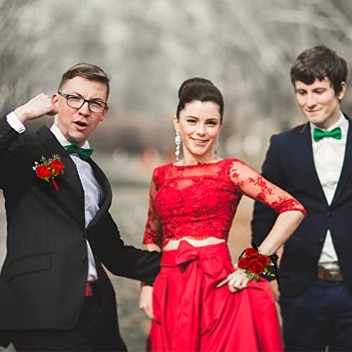 Yunlly 2 Pcs Boutonniere Wrist Corsage Set Artificial Rose Wine Red Corsage Wristband Boutonniere Flower Decor Wrist Corsa...