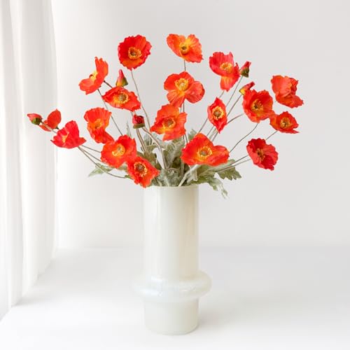 ZYTUYO 6PCS Dark Orange Poppy Flowers Artificial Silk Faux Poppies Bouquet with Long Stems for Outdoor Indoor Home Kitchen...