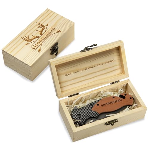 IUZOE Groomsmen Gifts for Wedding Day – Personalized Engraved Pocket Knife with Wooden Box – Thank You Gift for Groomsman