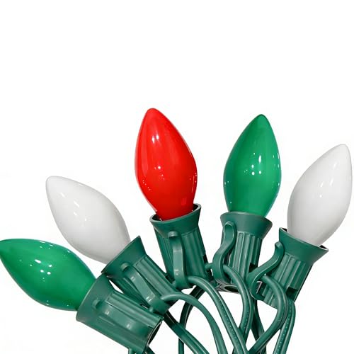 25Ft Multicolor Christmas Lights Outdoor, C7 Vintage String Lights with 25 Red Green White Ceramic Incandescent Bulbs, Han...