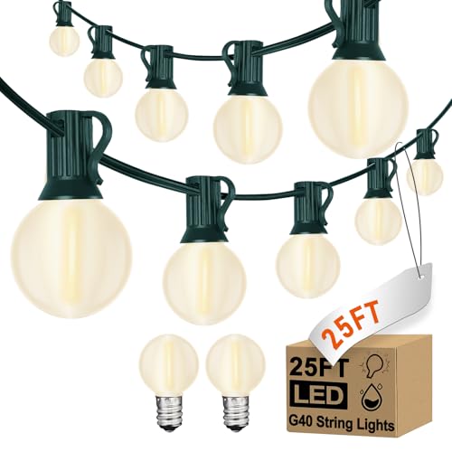 Konictom 25ft Outdoor Christmas LED String Lights,G40 Frosted White Globe Lights with 27pcs Plastic Bulbs,Round Bulb Chris...