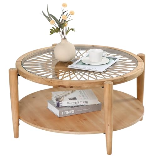 RUSTOWN Rattan Coffee Tables,2-Tier Round Boho Cocktail Tables, Mid Century Modern Coffee Table with Rattan & Tempered Gla...