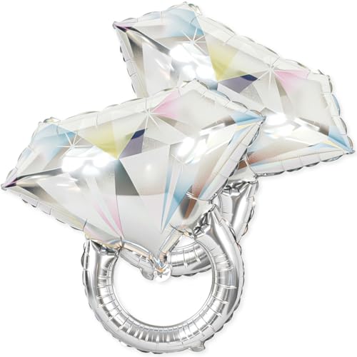 PartyForever Silver Diamond Ring Foil Balloons – 2 Pack 26 inch White Gold Color Engagement Ring Balloons – Bridal Shower,...