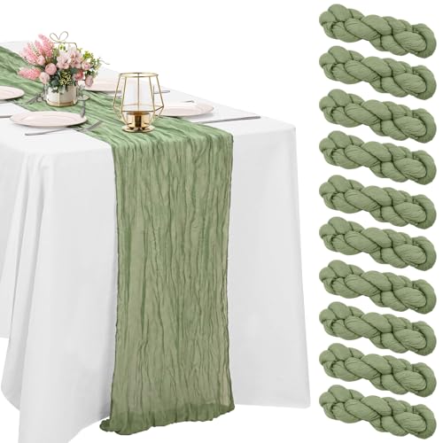 10 Pack Sage Green Cheesecloth Table Runner 10FT Boho Gauze Fabric Table Runner Vintage Rustic Sheer Runners for Wedding P...