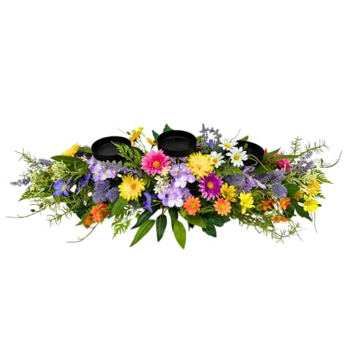 Lnymura 26 Inch Spring Summer Centerpiece with 3 Candle Holders Floral Table Centerpiece with Daisies and Wildflowers for ...