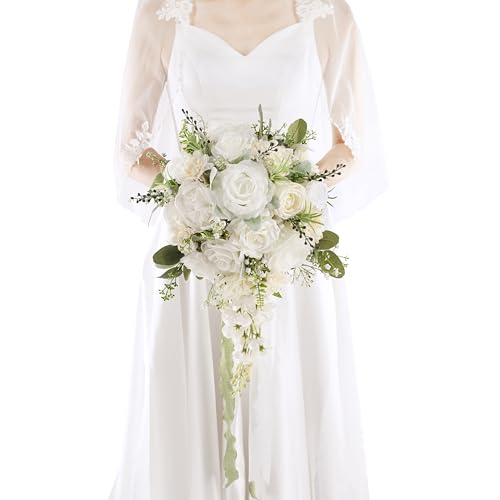 Floinla 12 Inch Cascade Wedding Bouquets for Bride, Ivory & Champagne Cascading Bridal Bouquet for Wedding Silk Artificial...