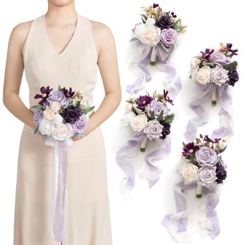Ling's moment Artificial Bridesmaid Bouquets Set of 4 Purple Wedding Flower Bouquets Lilac Floral Bridesmaid Bouquet with ...