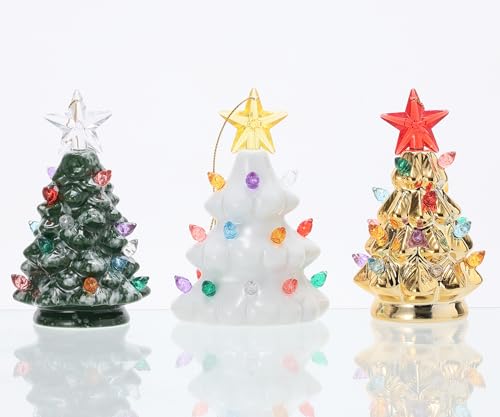 B SEPOR Set of 3 Mini 4.5" Inch Nostalgic LED Ceramic Christmas Tree with Lights Xmas Tree That Light Up Hanging Ornaments...