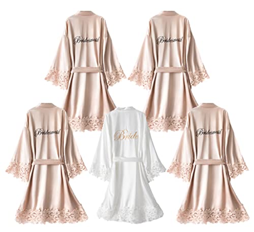 5 Pcs Bridesmaid Kimono Robe Sets Bride Silky Wedding Day Bathrobe with Lace Trim Embroidered Getting Ready