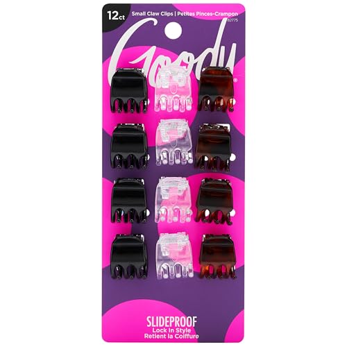 Goody Small Basic Half-Claw Hair Clips, 12-Count – 3-Prong Claw Clips for All Hair Types, Neutral Colors (Black, Tortoise,...