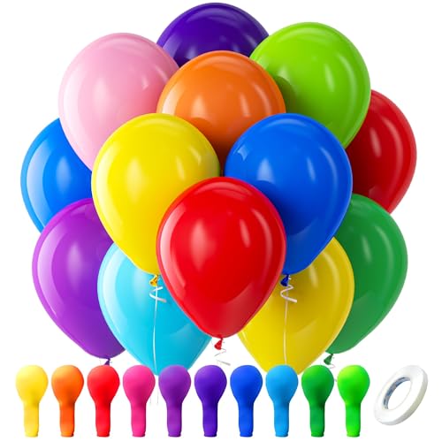 Bezente Assorted Rainbow Latex Balloons, 100 Pack 12 inch Round Helium Bright Color Balloons for Birthday Bridal Shower We...