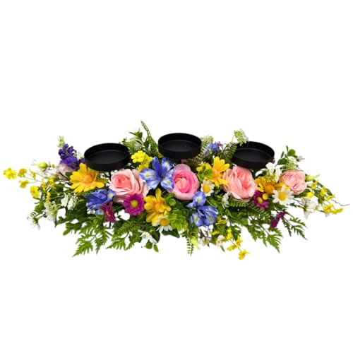 Lnymura Spring Summer Centerpiece with 3 Candle Holders, 24 Inch Colorful Artificial Wildflower Arrangement with Roses, Da...