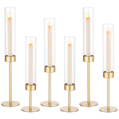 Sziqiqi Hurricane Candle Holders for Wedding: 6 Pcs Gold Candlestick Holders Table Centerpiece - Taper Candle Sticks Holde...