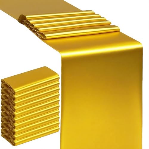 SINSSOWL 10 Pack Gold Table Runners 12 X 108 Inches Wedding Golden Satin Table Runner for Party Birthday Banquet Bridal Sh...