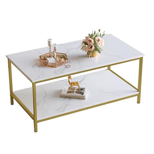 SAYGOER Modern 2-Tier Coffee Table for Living Room White Gold Coffee Tables Industrial Rectangle Wood Table for Large or S...