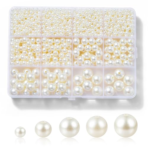 Hudinsun 1200 Pcs Pearl Beads for Jewelry Making, 5 Size Round Pearls for Bracelets Making Kit Small Pearl Filler Beads wi...