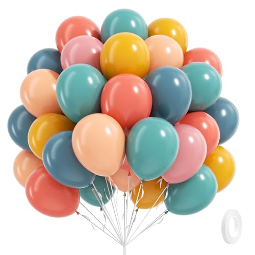 60pcs Boho Rainbow Balloons Assorted Colors 12inch with Slate Dusty Blue Mustard Yellow Pink Nude Colorful Balloons for Ba...