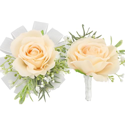 AWARDSEN Champagne Corsage,Champagne Pocket Boutonniere,2pcs Prom Corsage and Boutonniere Set,Silk Boutonniere for Men,Wed...