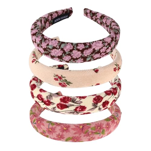 ShioShin 4 Pack Floral Headband, Non Slip Padded Headbands for Women, Vintage Boho Headbands for Women, Comfortable Flower...