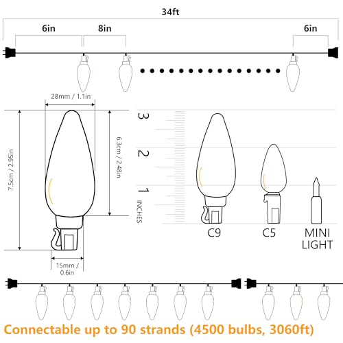 Brizled Red & Warm White C9 Christmas Lights, 33ft 50 LED Faceted Outdoor Christmas Lights, Connectable Xmas Tree Light, U...
