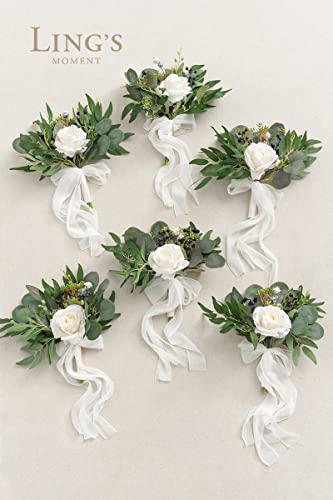 Ling's moment Artificial Bridesmaid Bouquets Set of 6 Eucalyptus Wedding Flower Bouquets White Floral Bouquet Bridal Bouqu...